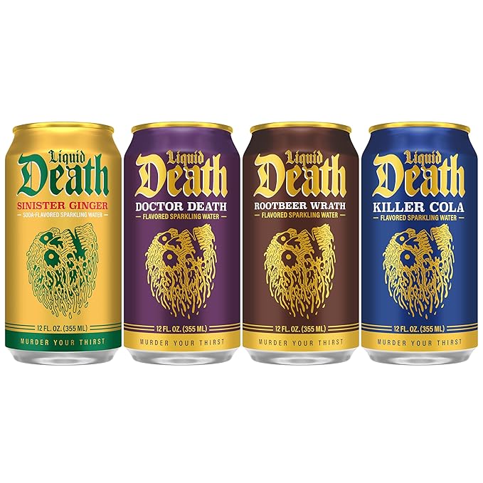 Liquid Death Soda-Flavored Sparkling Water - Classic Variety 2, Less Sugar*, Huge Flavor, No Artificial Sweeteners, 4 Flavors: Sinister Ginger, Doctor Death, Cola, Root Beer, 12 Fl Oz (Pack of 12)