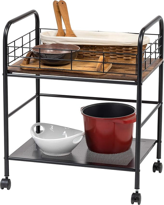IRIS USA, Inc. 2-Tier Kitchen Storage Rolling Cart with Lockable Caster Wheels, Coffee Cart, Pantry Rack, Home Bar, Serving Cart, Rustic Brown