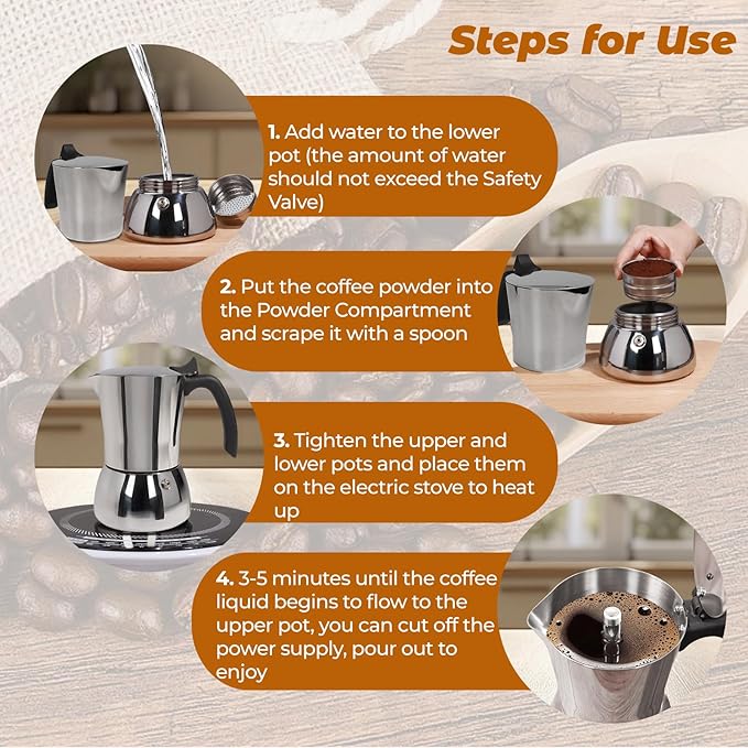 Vaolvpant No Coating 6 Cup Thickened 304 Stainless Steel Moka Pot Stovetop Espresso Maker Italian Coffee Machine 300ml 10oz Suitable for Gas Induction Stovetop Greca Coffee Maker Percolator