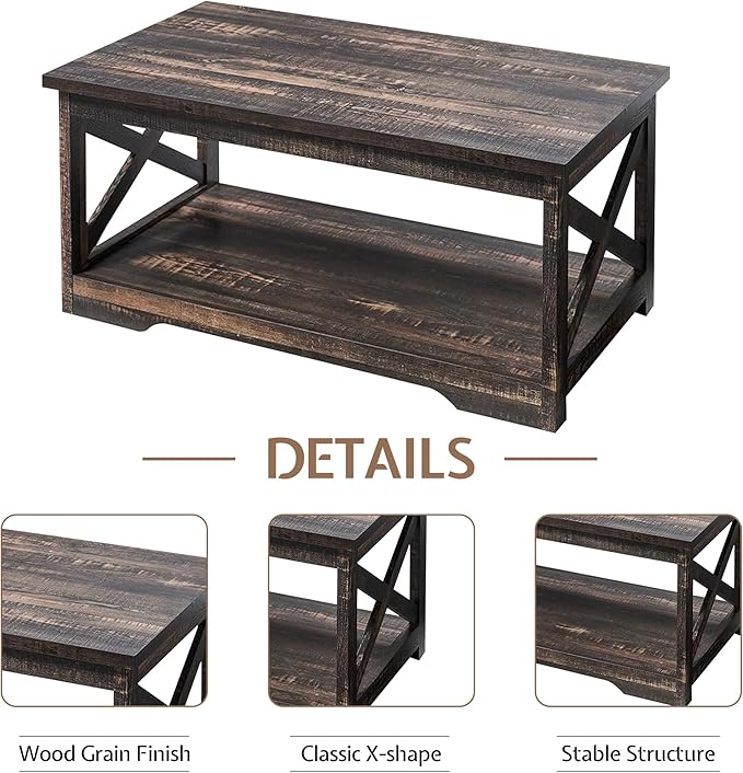 3-Piece Farmhouse Living Room Table Sets, Includes 1 x Coffee Table, 2 x End Tables with Charging Station & USB Ports, Rustic Coffee Table Set of 3, Black Oak