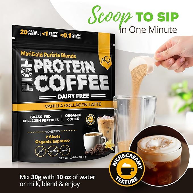 MariGold High Protein Collagen Coffee - Vanilla Collagen Latte, Dairy Free, 20g Grass-Fed Type I & III Collagen Peptides, Energy Boost, 2 Shots Organic Espresso, Non-GMO, 1 Lb Bag, 15 Servings