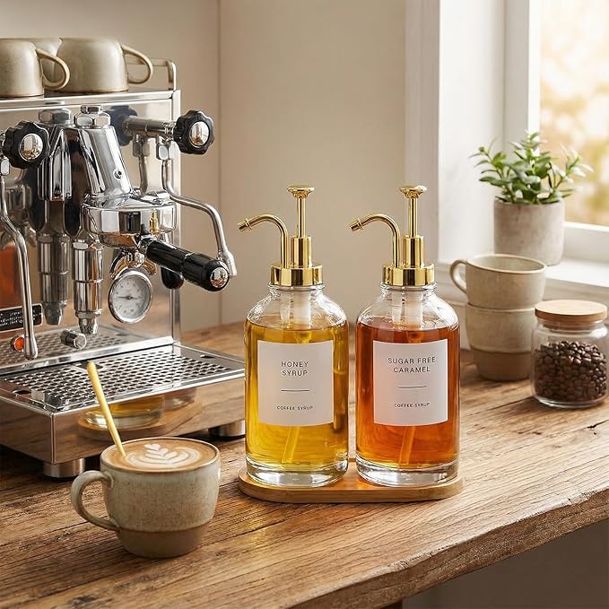 Remerry 2 Pcs Coffee Syrup Dispenser 16.9oz 500ml Glass Syrup Dispenser with 4 Spoons, 36 Labels and Bamboo Tray, Glass Bottles with Pump for Coffee Accessories(Golden)