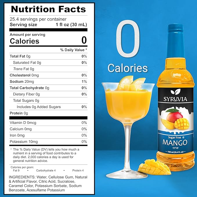 Syruvia Sugar-Free Mango Syrup, Flavored Syrup for Drinks, Cocktails, Lemonades, Iced Teas, and Desserts – 25.4 fl oz, With Pump