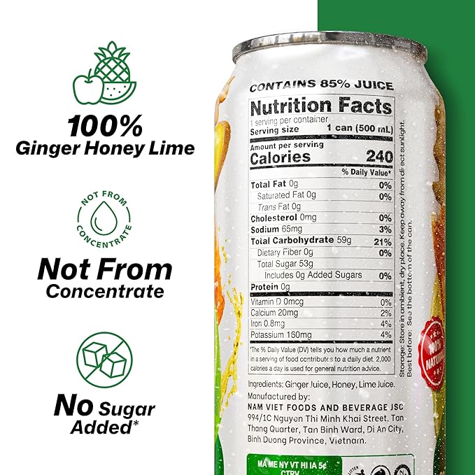 VINUT Ginger, Honey & Lime Juice, 85% Juice, No Added Sugar, Not From Concentrate, 16.9 fl oz (500 mL) Can, Pack of 12