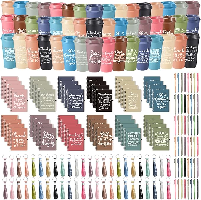 Skylety 48 Set/ 192 Pcs Employee Appreciation Gifts Bulk Thank You Inspirational Gift Set 16 oz Coffee Cups with Thank You Notebook Pen Keychain for Staff Team Teacher Coworker Friend (Morandi Color)