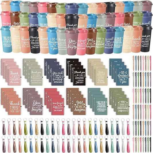 Skylety 48 Set/ 192 Pcs Employee Appreciation Gifts Bulk Thank You Inspirational Gift Set 16 oz Coffee Cups with Thank You Notebook Pen Keychain for Staff Team Teacher Coworker Friend (Morandi Color)