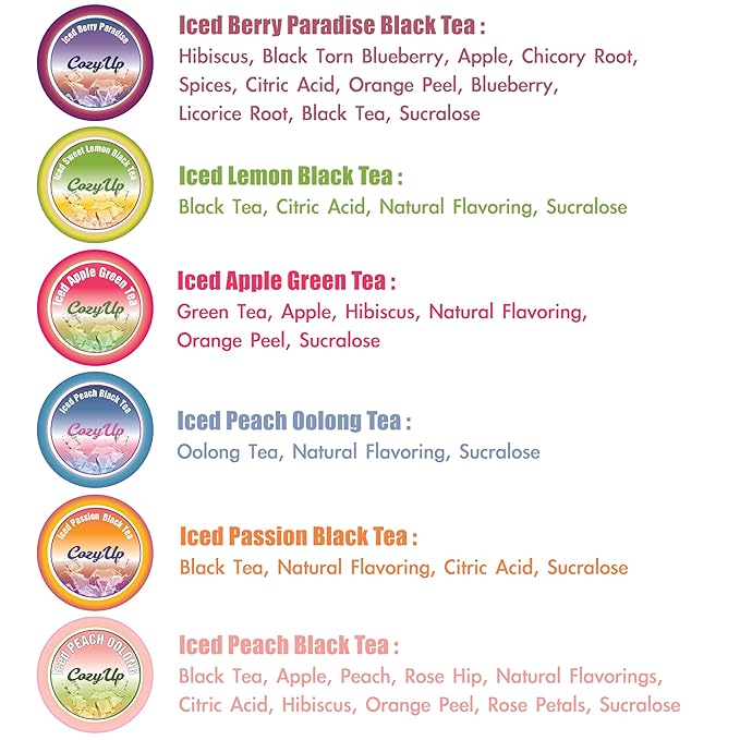Cozy Up Iced Sweet Fruit Tea Variety Pack, 36 Count - Compatible with Keurig Brewers, Includes Berry Paradise, Peach, Passion, Lemon, Peach Oolong & Apple Green Tea - Single Serve Pods for Brew Over Ice