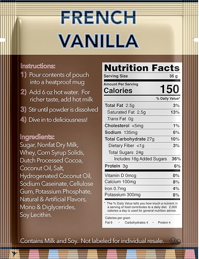 Double Donut Coffee French Vanilla Hot Chocolate Mix Packets, Flavored French Vanilla Hot Cocoa Mix, 18 Count