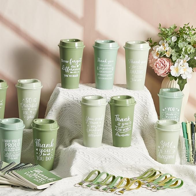 Skylety 12 Set/ 48 Pcs Employee Appreciation Gifts Bulk Thank You Inspirational Gift Set 16 oz Coffee Cups with Thank You Notebook Pen Keychain for Staff Team Teacher Coworker Friend (Green Gradient)