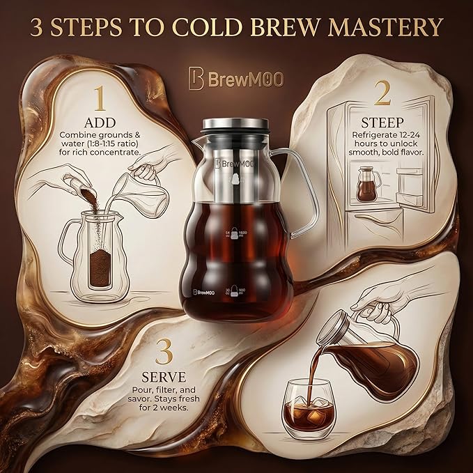 BrewMOO- Cold Brew Coffee Maker (2.0L/68Oz), Sleek Wave Borosilicate Glass Pitcher with Stainless Steel Filter, Airtight Lid + Wide Spout + Comfort Handle, Effortless Manual, Sophisticated Gift