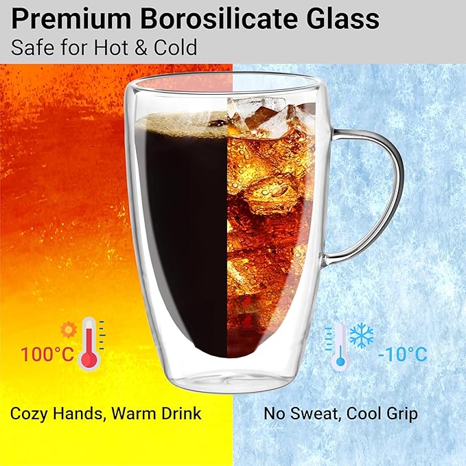 Double Wall Glass Coffee Mugs Set of 2 – 12oz Insulated Borosilicate Glass Cups with Handles – Clear Coffee, Tea & Latte Mugs