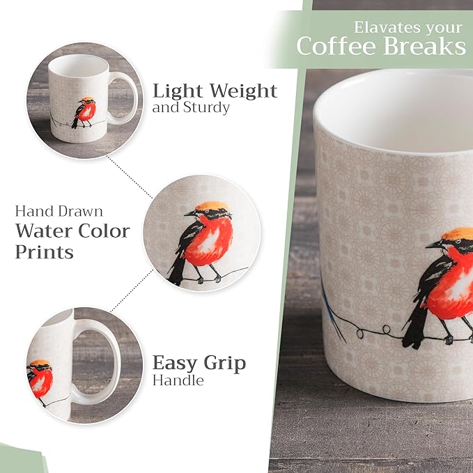 Maison d' Hermine Coffee Mug with Handles Fine Bone China Mugs Pack of One Tea Cups for Hot Beverages Cappuccino Latte Home Restaurant Office Perfect for Gift (Birdies On Wire - Nuthatch, 15 Ounce)