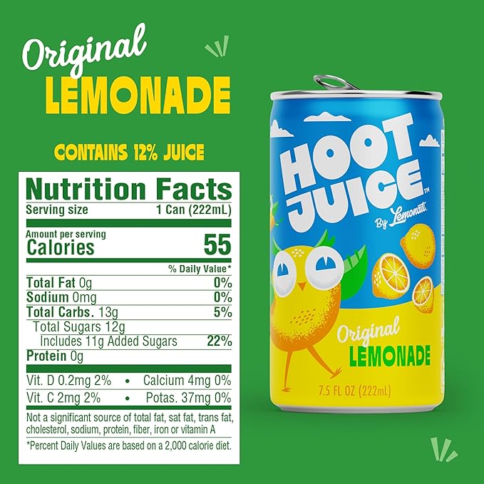 Hoot Juice Lemonade By Lemonati, No Artificial Sweeteners or Flavors, Gluten-Free, Kosher, Non-GMO, Vegan, 7.5 Fl Oz Mini-Cans, Pack of 12, Original Lemonade