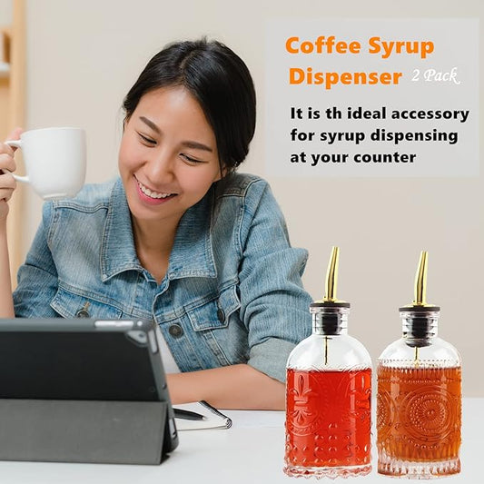Coffee Syrup Dispenser Bottles Set 2 Pack 7 OZ Simple Small Syrup Bottles Set with Metal Pour Spout Ideal for Coffee Syrups, Condiments, Coffee bar, SC056 (2 pack)