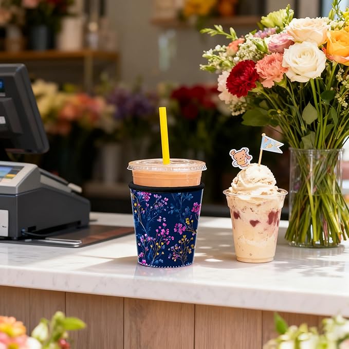 Elegant Flower Pattern Insulated Coffee Sleeve for Women Gifts Floral Navy Iced Coffee Sleeve Set of S/M/L 3-Pack Cups Sleeve