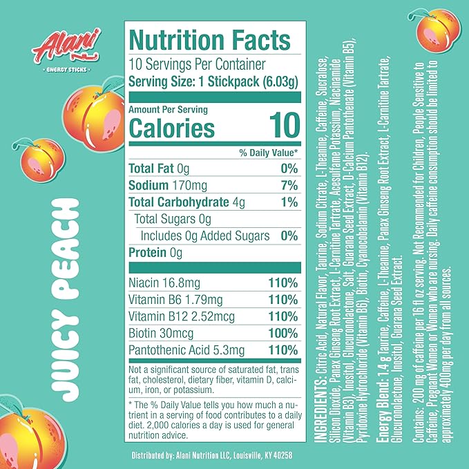 Alani Nu JUICY PEACH Energy Sticks | Energy Drink Powder | 200mg Caffeine | Pre Workout Performance with Antioxidants | On-The-Go Drink Mix | Biotin, B Vitamins | Zero Sugar | 10 Calories | 10 Pack