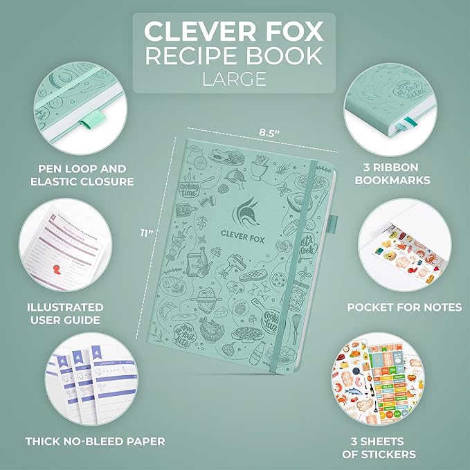 Clever Fox Recipe Book – Make Your Own Family Cookbook – Blank Recipe Notebook Organizer – Empty Cooking Journal to Write In Recipes – Large Size, 8.5”x11.2”, Hardcover, Mint Cream