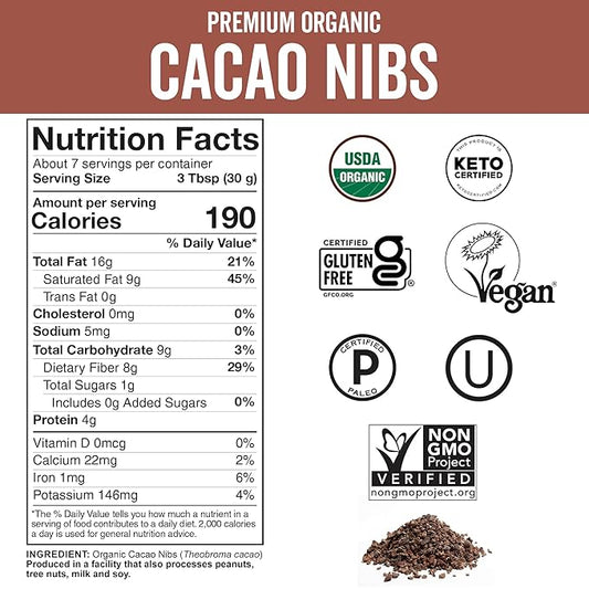Viva Naturals Organic Cacao Nibs, Unsweetened, 8 oz (227 g), Keto Friendly, Vegan, Non-GMO, Gluten-Free Chocolate Chip Substitute