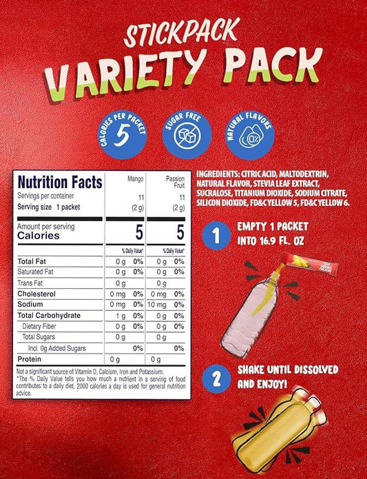Klass Aguas Frescas, Powdered Drink Mix Variety Pack, 44 Singles Zero Sugar & Caffeine-Free Powder Packets, Water Drink Mix, Flavors: Mango, Watermelon, Pineapple & Passionfruit - 5 Calories Per Packet & Natural Flavors