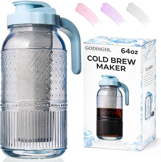 Cold Brew Coffee Maker 64 oz – Airtight Glass Mason Jar Pitcher Brewer with Leak-Proof Lid & Handle, Wide Mouth Iced Coffee Maker, Vintage Kitchen Decor - Blue