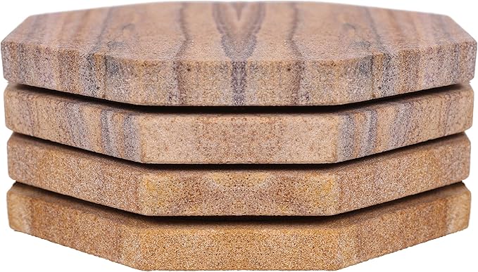 Sandstone Water Absorbent Hand Crafted Octagon Coasters for Drinks- Set of 4-4 inches Wide Thirsty Stone bar/Drink Coasters Made from Real Solid Stone (Without Holder, Set of 4)