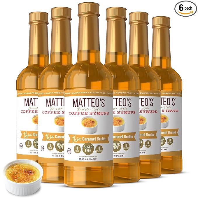 Matteo's Caramel Brulee for Coffee, Lattes, Cappuccinos & Desserts – Sugar-Free Sweetener for Beverages, Keto Friendly, Zero Calories, Indulgent Flavor, Non-Alcoholic,Ideal for Hot Drinks 33.8oz (6pk)