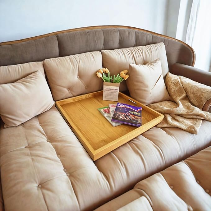 BARsics 24x24 inches Square Oak Wooden Ottoman Tray, Large Living Room Serving Tray