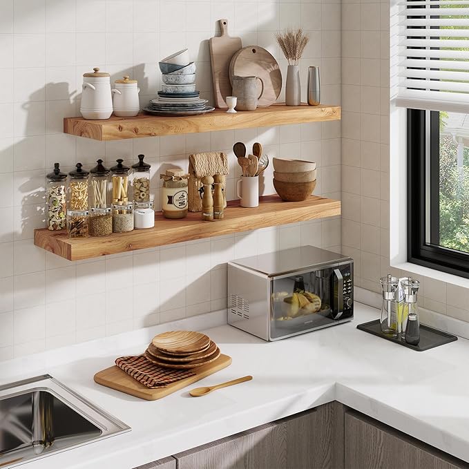 Floating Shelves, 8" Deep Rustic Solid Elm Wood Wall Mounted Floating Shelves, Wall Shelves with Invisible Bracket for Living Room Bathroom Bedroom Kitchen, 36 Inch Set of 2, Natural