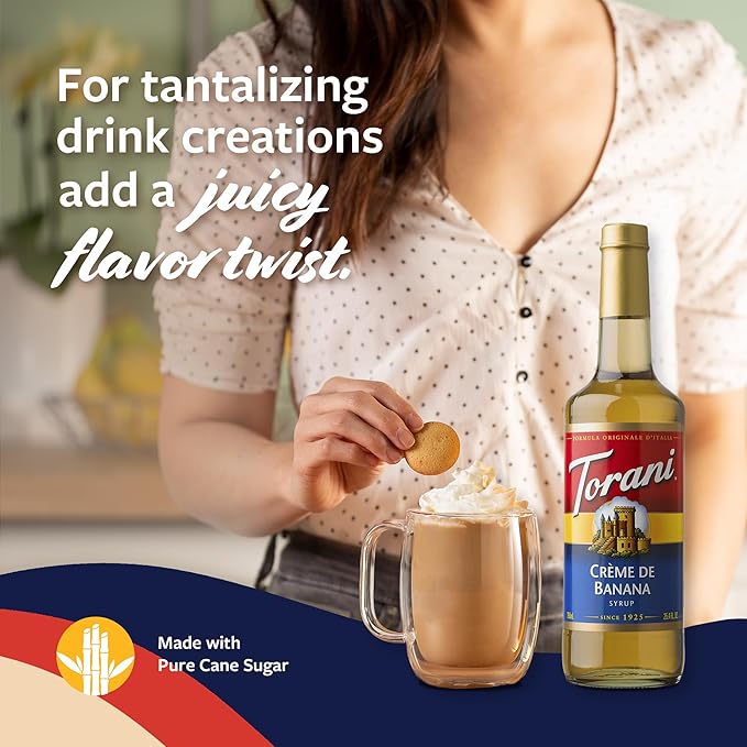 Torani Crème de Banana Syrup for Drinks & Desserts, Glass Bottle with Pump Included, 25.4 Fl Oz