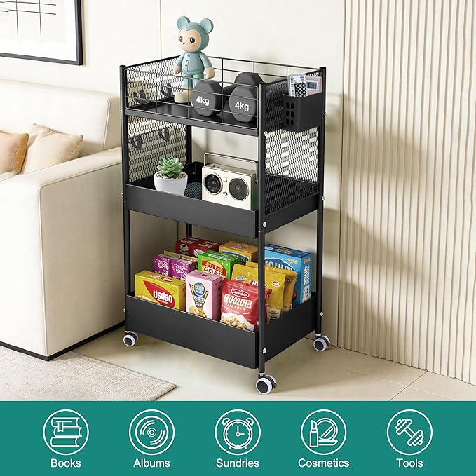 3-Tier Rolling Storage Cart Metal Utility Cart with Wheels, Office Organizer with Hanging Cups, Hooks, Book Snack Craft Mobile Shelving Unit for Office Kitchen Nursery