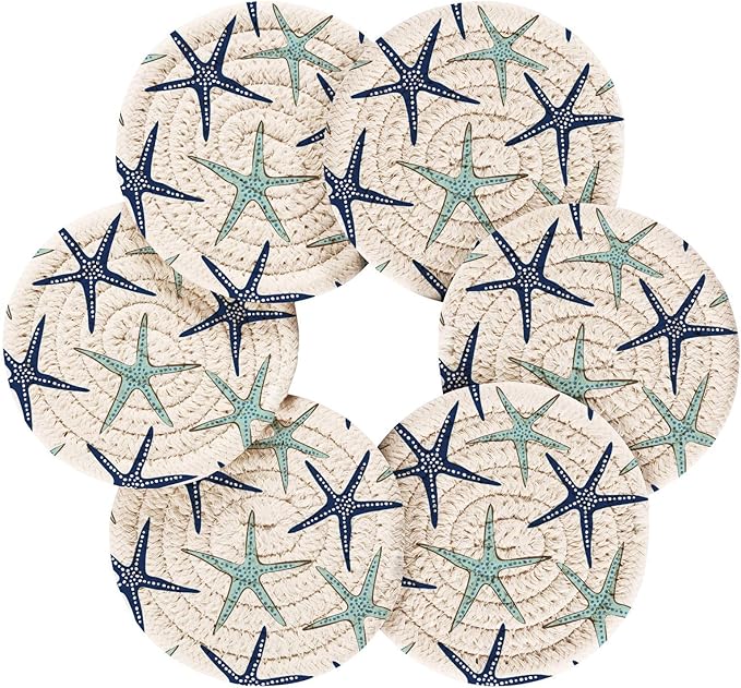 Coastal Coasters Set of 6 Starfish Cotton Coasters for Drinks with Holder, Beach Navy Blue Absorbent Decorative Bar Woven for Coffee Table Protection
