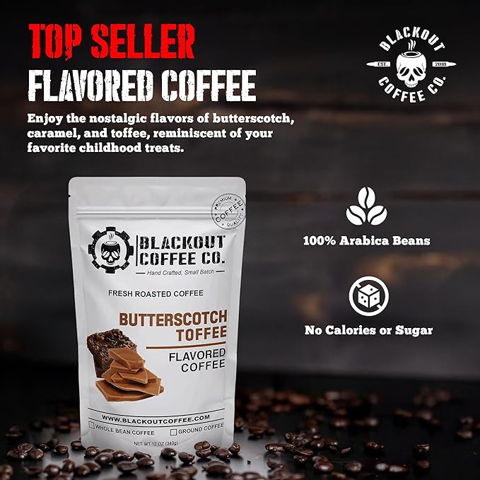 Blackout Coffee Butterscotch Toffee Flavored Ground Coffee – Medium Roast, Smooth Taste, Guilt-Free Indulgence – Freshly Roasted 12oz Pouch.