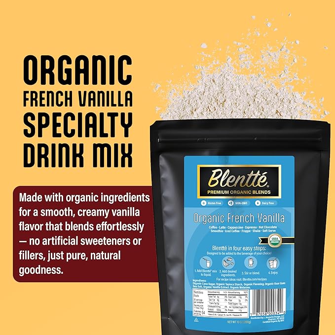 Blentte - Organic French Vanilla Drink Mix - Latte, Cappuccino, Frappe, Hot Chocolate & Coffee Blend - For Instant Delicious Beverage - Non-GMO - Dairy-Free - Gluten-Free - 10 Oz