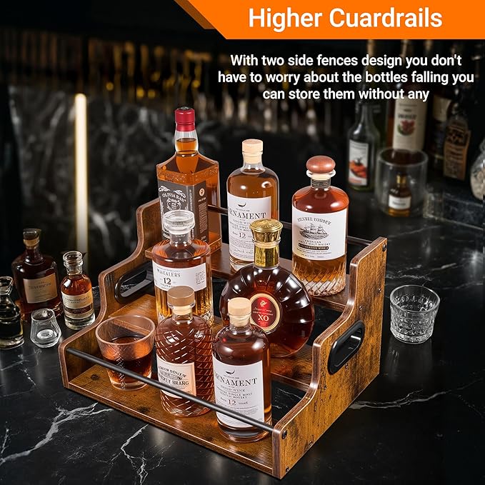 YQBRAO 3-Tier Liquor Bottle Display Shelf - Holds up to 12 Bottles, Rustic Wood Bar Shelves for The Home Bar, Countertop Whiskey and Bourbon Organizer with Anti-Slip Pads