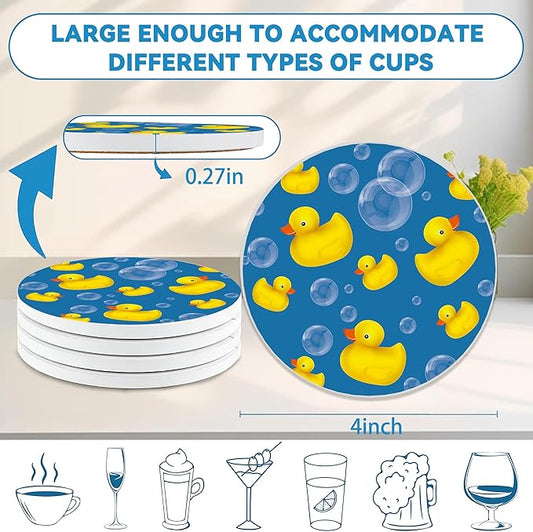 Drinks Coasters Set of 4, Yellow Duck Round 4" Cup Coasters, Absorbent Ceramic Stone Coasters with Cork Base, Cute Coasters for Table Home Décor, Ideal Gifts for Women Men