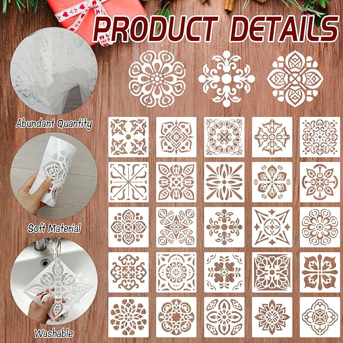 25 Pcs Scroll Tile Cookie Stencils, Reusable Floral Baking Stencils for Cake Decorating Royal Icing DIY Biscuit Painting Coffee and Dessert Design Tools, 6x6 Inch