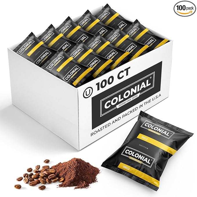 Colonial Coffee 100 Count Single Pot Coffee Packets – 100% Arabica Vanilla Flavored Medium Roast | Pre-Measured Frac Packs for 12 Cup Maker | Bulk Ground Gourmet Coffee for Home & Office