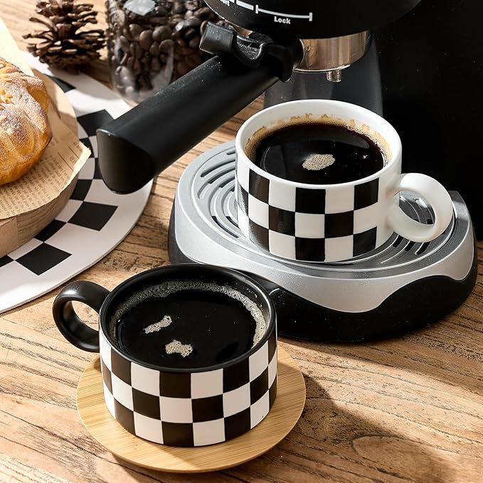 LUKA 6 Ounce Ceramic Stackable Black and White Checkered Espresso Cups with Saucers and Metal Stand Set of 4, Cappuccino Cups Set for Coffee Drinks, Latte, Cafe Mocha and Tea