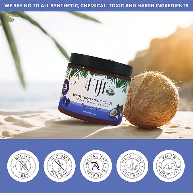 Organic Fiji Whole Body Scrub - Infused with Coconut Oil, Exfoliating Sea salt Scrub for Smooth and Soft Skin, Exfoliates & Restores Skin's Natural Biosphere, Peppermint 20 oz