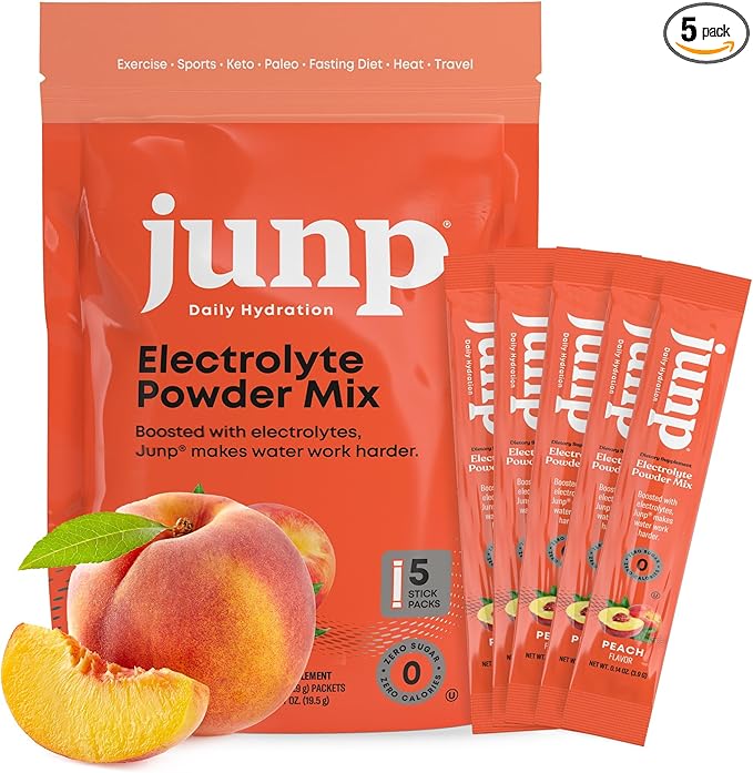 JUNP Sugar Free Electrolytes Powder Packets for Water Instant Hydration Packets with Salt & Potassium, Zero Calorie, No Carbs No Sugar Electrolyte Drink Mix Sticks, Keto Friendly, Juicy Peach 5 Pack
