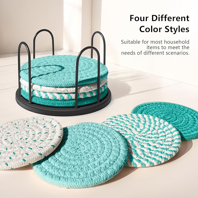 Coasters Set of 8 for Drinks, Beer, Coffee, Cotton Woven 4 Colors Absorbent Coaster with Holder, Boho Coasters for Home Decor Tabletop Protection Suitable for Kinds of Cups