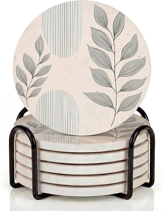 VEYRO Ceramic Coasters Set of 6 – Absorbent Stone Drink Coasters with Holder, Non-Slip Cork Backing, Modern Marble Look Coasters for Coffee Table, Desk & Home Decor
