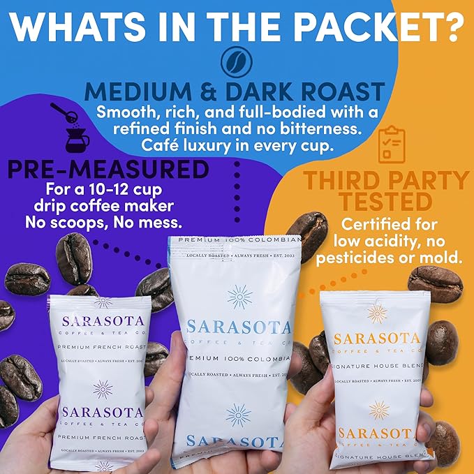 Coffee Packets Bulk 2 oz | Pre-Measured Ground Coffee Frac Packs | 12-Cup Drip Brewer Bags | Medium Roast, Colombian & Dark Roast Variety | 100 Count