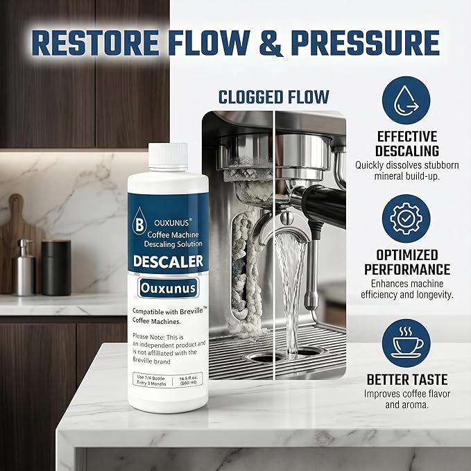 Ouxunus Descaling Solution Compatible with Breville Coffee Machines, 16.9 fl oz Concentrated Liquid with Citric Acid, Eco-Friendly 4 Use Bottle (1)