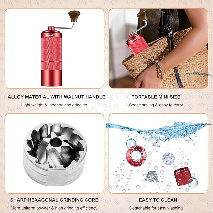 NewlukPro M6 Manual Coffee Grinder,Beautiful Design for Women,Smooth Grinding & Labor Saving,Portable Mini Hand Coffee Grinder for Espresso Pour Over French Press at Home or Camping Travling,Red