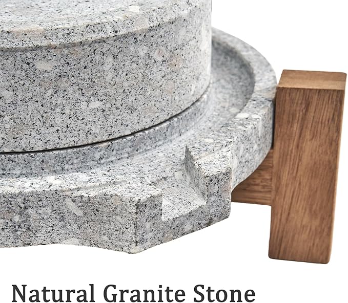 Stone Grain Mill - Manual Flour Mill with Stable Wood Base, Natural Granite Stone Grinder Mill for Dry & Wet Use, Home Kitchen Tool (11.8 x 15.8 inch)