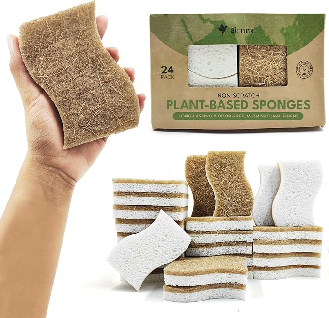 AIRNEX Biodegradable Natural Kitchen Sponge - Compostable Cellulose and Coconut Walnut Scrubber Sponge (24 Pack)