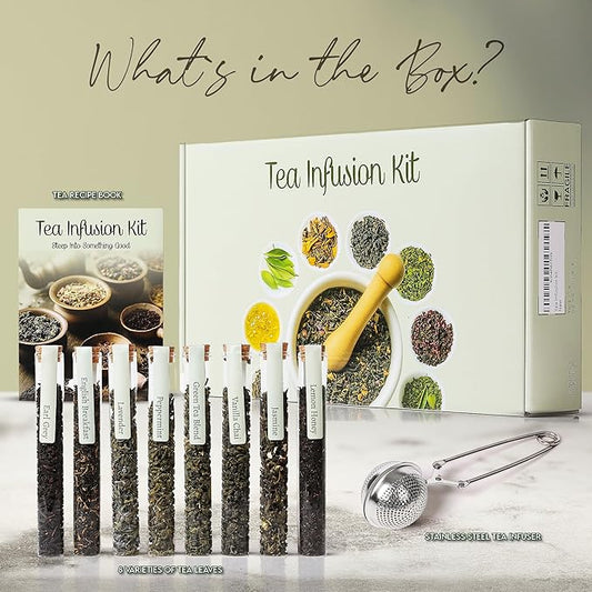 Loose Leaf Tea Sampler - Tea Gift Set Box – 8 Unique Flavors with Stainless Steel Infuser | Vanilla Chai, Jasmine, Lemon Honey & More | Tea Gift Set for Women and Men - Set of 9