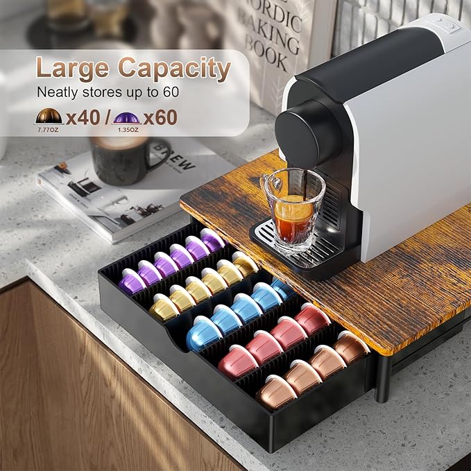 gianotter Wood Vertuo Pod Holder Drawer, Compatible with Nespresso Vertuo Capsules, Compatible with 40 Large or 60 Small Nespresso Capsule Organizer