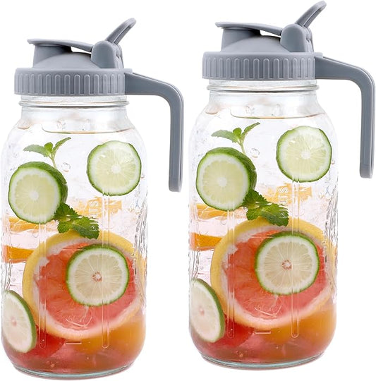 Mason Jar Pitcher Wide Mouth 2 Pack 64 OZ Glass Pitcher With Pour Spout Lids Airtight Leak-proof 2 Quart Water Carafe With Handle For Beverage, Iced Tea, Milk, Sun Tea, Lemonade, Iced Coffee